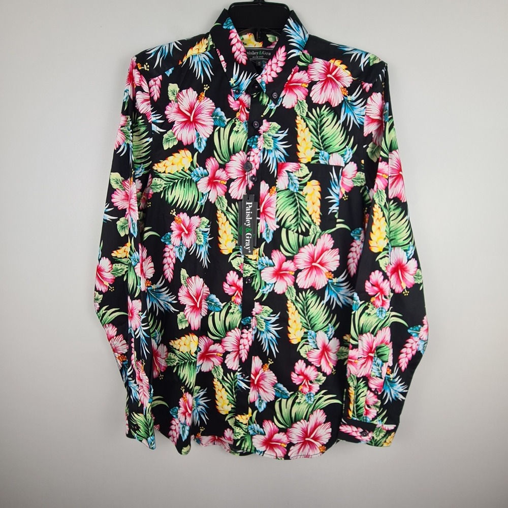 Paisley & Gray Floral Button Up Shirt Mens M Slim Fit Midnight Para Black Bright